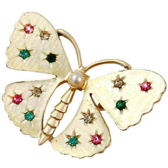 VTG 1950s Butterfly Brooch Colorful Rhinestone Pearl Mid Century Gold Tone Pin - Picture 1 of 8